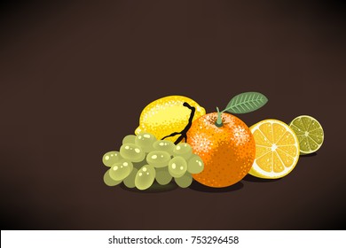 Fresh Fruits For Squeezed Juice With An Orange, Lemon, Lime, Grapes.  Vector Graphic.