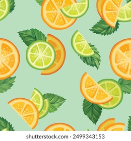 Patrón sin fisuras de verano de frutas frescas. Naranja fresca, lima, trozos de citrón en rodajas y hojas de menta. Fondo colorido de la naturaleza del dibujo de la comida del Vector con las frutas.