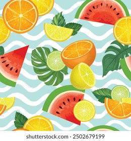 Fresh fruits summer seamles pattern. Fresh orange, lemon, citron, watermelon, lime sliced pieces ovwer water waves sea pattern. Vector colorful food drawing background with fruits.