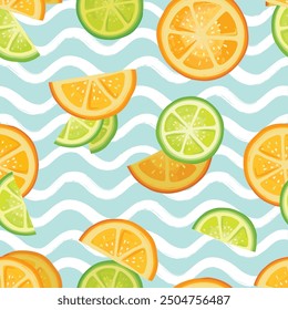 Fresh fruits summer seamles pattern. Fresh orange, lime sliced pieces. Vector colorful drawing background with fruits.