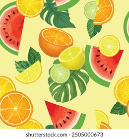 Fresh fruits summer seamles pattern. Fresh orange, lemon, citron, watermelon, lime sliced pieces ovwer water waves sea pattern. Vector colorful food drawing background with fruits.