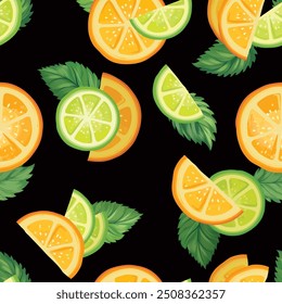 Patrón sin fisuras de verano de frutas frescas. Naranja fresca, lima, trozos de citrón en rodajas y hojas de menta. Fondo colorido de la naturaleza del dibujo de la comida del Vector con las frutas.