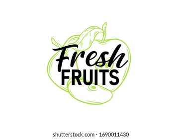 Fresh fruits tag, label, emblem. Fresh fruits typography hand drawn vector illustration with green apples.