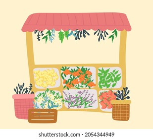 Fresh fruits and tea herbs are sold at a stall at the local food market. Fruit berry additives for the tea ceremony. The concept of organic production on the farm. Flat vector on a yellow background.