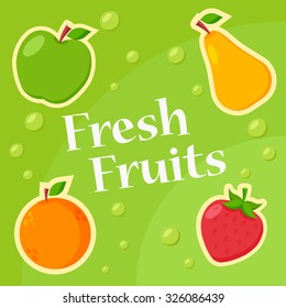 Fresh Fruits Title. Vector Apple, Pear, Orange and Strawberry. Colorful Illustration