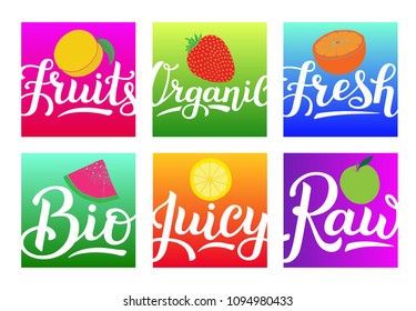 Fresh fruits typography lettering hand written brush calligraphy words organic, bio, juicy, raw. Apricot, strawberry, orange, watermelon, lemon, apple on gradient background, for healthy food menu.