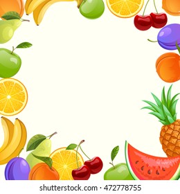 Fresh fruits. vector background. color illustration with apple, pear, orange, pineapple,  plum, apricot, peach, watermelon, cherry, strawberry and banana