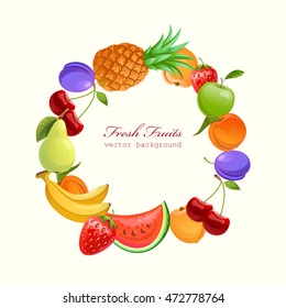 Fresh fruits. vector background. color illustration with apple, pear, pineapple,  plum, apricot, peach, watermelon, cherry, strawberry and banana