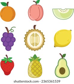 Fresh Fruits Vector Collection include orange, apple, durian, lemon, avocado, strawberry, coconut, pineapple, grape, melon, peach, mango, and plum