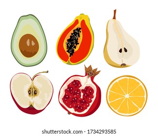 Fresh fruits vector collection. Set of sweet fruits orange, avocado, papaya, pear, apple, pomegranate for health. Design for greeting card, recipe, menu