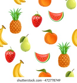 Fresh fruits. vector seamless pattern. color illustration with  pear,  pineapple,  peach, watermelon, strawberry and banana