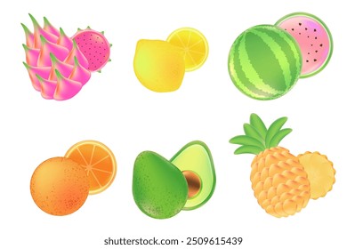 Vetor de frutas frescas definido com laranjas, melancia, limões, fruta do dragão, ananas, abacate. Elementos saudáveis isolados, fundo branco. Decoração de comida exótica com textura brilhante.