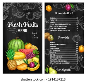 Fresh Fruits Vector Sketch Menu For Smoothies Natural Drinks. Banana, Pineapple And Mango, Peach, Raspberry And Cocoa, Plum, Basil And Orange Beverage List. Hand Drawn Fresh Organic Exotic Assortment