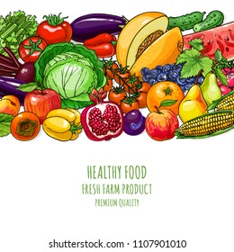 Fresh fruits vegetables background. Vector illustration summer food frame for design
