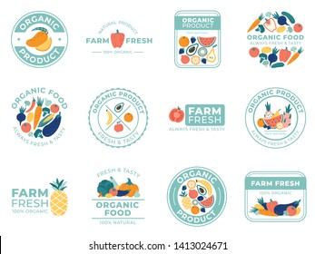 Fresh fruits and vegetables badges. Organic food, natural products and summer fruit. Vegetable badge vector illustration set