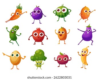 Fresh fruits and vegetables. Cartoon apple watermelon plum apricot cucumber banana. Vegan vitamin food, children mascots in action poses, nowaday vector set