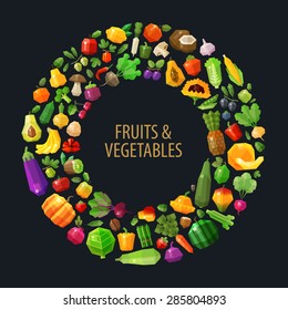 fresh fruits and vegetables in the circle vector logo design template. food, farm or gardening, horticulture icon. flat illustration