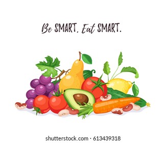 Fresh fruits and vegetables composition isolated on white background. Be smart, eat smart. Healthy lifestyle concept.