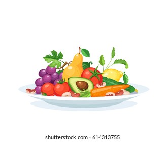 Fresh fruits and vegetables composition on plate  isolated on white background. Healthy lifestyle concept. Vegetarian diet.