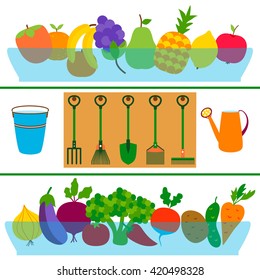 Fresh fruits and vegetables flat garden concept. Vector illustration of organic garden. 