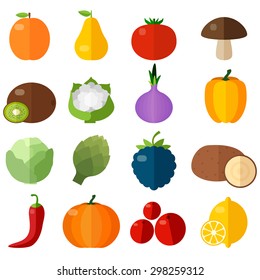 Fresh fruits and vegetables flat icons set. Flat vector illustration for your design. Colorful template for cooking, restaurant menu and vegetarian food
