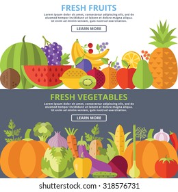 Fresh fruits and vegetables flat illustration concepts set. Simple modern flat design concepts for web banners, web sites, printed materials, advertising, infographics. Creative vector illustration
