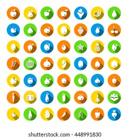 Fresh fruits and vegetables flat silhouettes vector icons set. Farm harvest graphic elements. Exotic tropical citrus symbols. Organic food pictograms. Healthy eating. Vegetarian nutrition products
