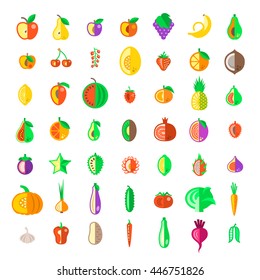 Fresh fruits and vegetables flat vector icons set. Farm harvest graphic elements. Exotic tropical citrus simple symbols. Organic food pictograms. Healthy eating objects. Vegetarian nutrition products