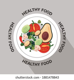 fresh fruits and vegetables healthy food circular frame with lettering around vector illustration design