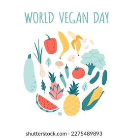 Fresh fruits and vegetables. Healthy food, proper nutrition, vegetarian and vegan concept. World Vegan Day. Vector illustration in flat style