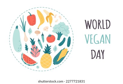 Fresh fruits and vegetables. Healthy food, proper nutrition, vegetarian and vegan concept. World Vegan Day. Vector illustration in flat style
