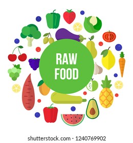 Fresh fruits and vegetables icons. Colorful round composition of vegan and raw food.