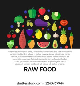 Fresh fruits and vegetables icons. Colorful round composition of vegan and raw food.