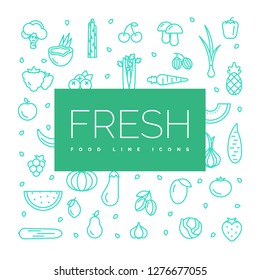 Fresh fruits and vegetables icons. Colorful composition of vegan and raw food.