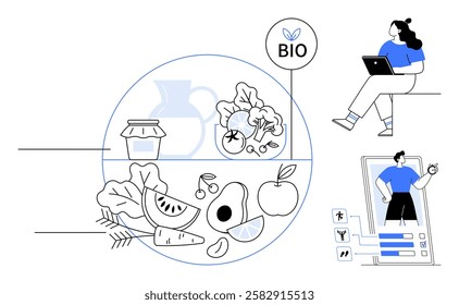 Fresh fruits, vegetables, jar, pitcher organic label, woman using laptop, male health app. Ideal for health fitness, nutrition, organic farming, wellness digital health, lifestyle. Line metaphor