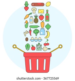 Fresh fruits, vegetables and other food fly in shopping basket. Natural and healthy food. Food market shop. Concept vector flat line illustration for web design or banner for business