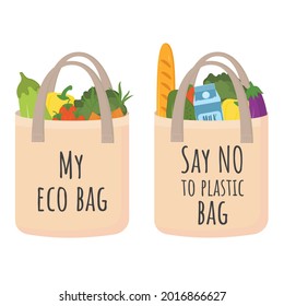 Fresh fruits, vegetables and products buying. Ecology friendly shopping. Say no to plastic bag, use eco bag. Products in textile reusable shopping bag isolated on white. Zero waste, plastic free.
