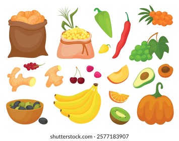 Fresh fruits and vegetables. Raw banana, bell and chilli peppers, peach orange and kiwi slices. Olives in bowl, corn and potato in cloth bags, vector food set