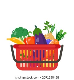 Fresh fruits and vegetables in a red grocery basket. Vector illustration.
