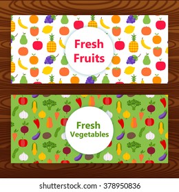 Fresh fruits and vegetables Web banners on wooden texture. Vector illustration of healthy food corporate identity.