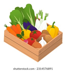 Frutas y verduras frescas en un cajón de madera, compra de comestibles y concepto agrícola