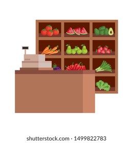 fresh fruits and vegetables in wooden shelving and register machine