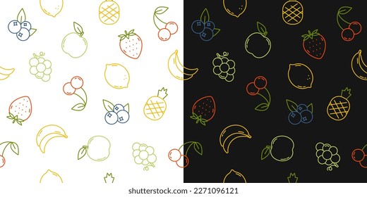 Frutas frescas. Comida vegetariana. Papel tapizado con manzana, limones, plátanos, fresas, cerezas, uvas, piña, arándanos. Ilustración vectorial sobre fondo blanco y negro