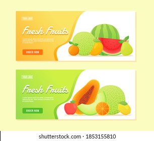 Fresh Fruits water melon papaya apple mango orange pear lemon campaign for ui ux template banner with color flat style