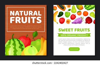 Fresh fruits web banner and card templates set. Organic ripe fruit poster, card cartoon vector