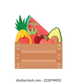 Fresh fruits in wooden box isolated on white background. Flat vector illustration