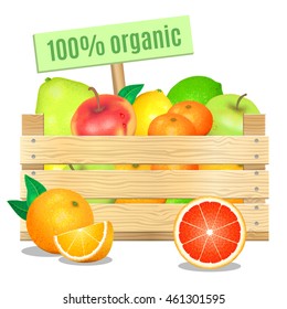 Fresh fruits in a wooden box on a white background. Vector icon