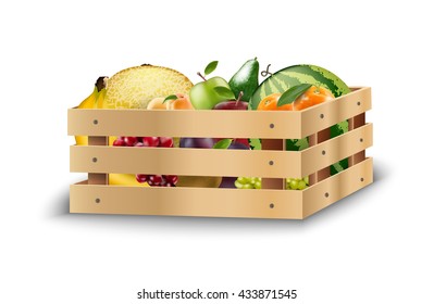 Fresh fruits in wooden crates on a white background.vector