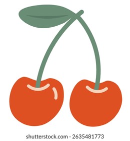 Fresh, fruity, and cheerful hand-drawn illustration of a cherry pair, perfect for summer-themed designs, kitchen decor, organic product labels, and fashion prints.