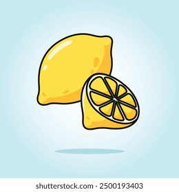 Fresco completo y medio corte de fruta de limón. ilustración de dibujos animados de Vector